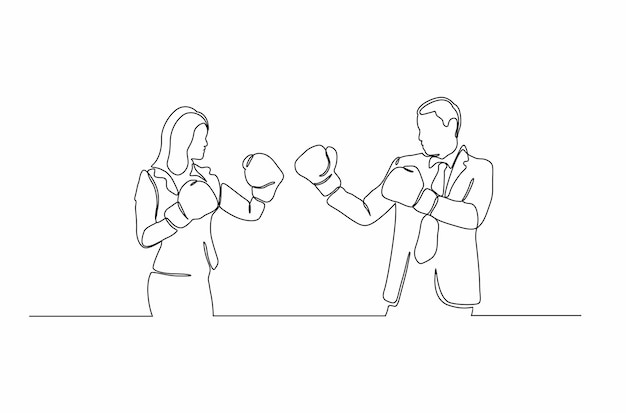 Continuous line drawing a man and women duel in suit vector illustration Premium Vector