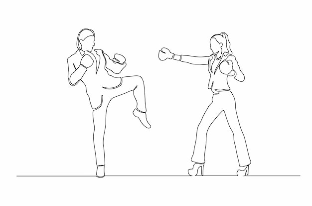 Continuous line drawing a man and women duel in suit vector illustration Premium Vector