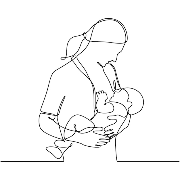 continuous line drawing of a mother breastfeeding her newborn baby vector illustration