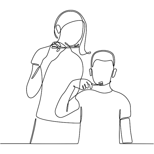 continuous line drawing of a mother and her little son brushing their teeth vector illustration