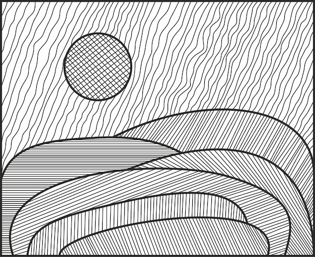 Vector continuous line drawing of mountain landscape with sunrise high mounts line art drawing vector