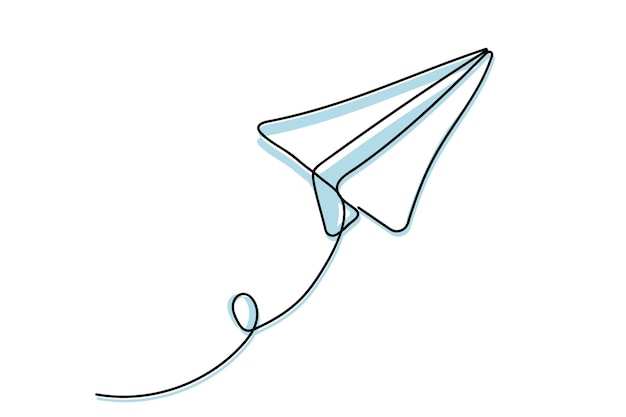 Continuous line drawing of paper airplane with blue shadows Concept of creativity and freedom