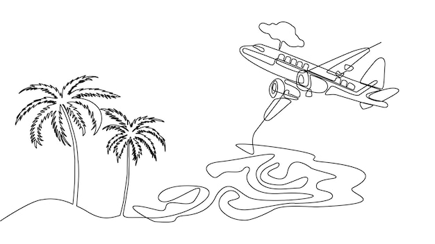 Continuous line drawing of a passing plane with two palm tree and ocean waves vector illustration