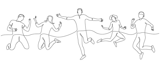 continuous line drawing people jumping in the air happiness concept vector illustration