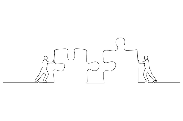 Continuous line drawing of person combining two pieces of puzzle cooperation concept Premium Vector