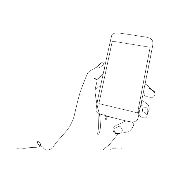 Continuous line drawing of person holding smartphone hand holding smartphone