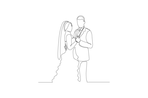 Continuous line drawing potrait of romantic wedding couple vector illustration Premium vector