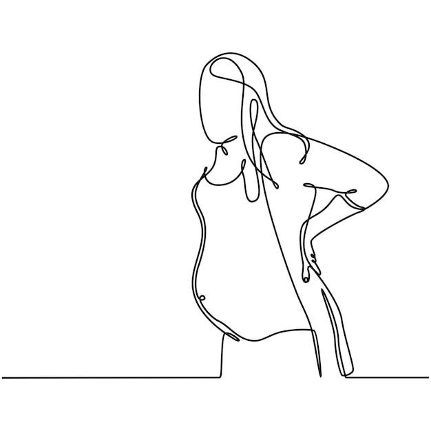 continuous line drawing of pregnant woman touching her back pregnant woman suffering