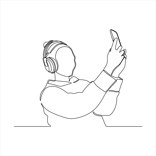 continuous line drawing of pretty woman with headphones and making selfie photo