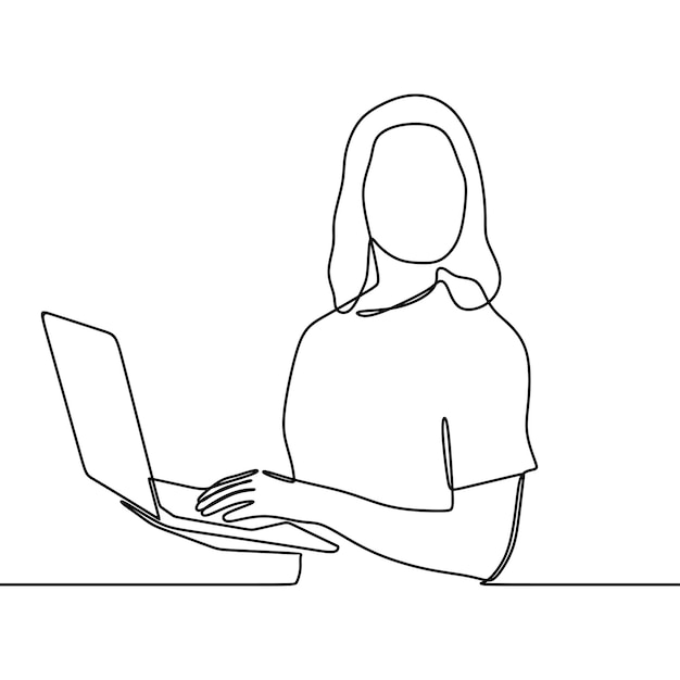 continuous line drawing of a professional young business woman using a digital tablet computer