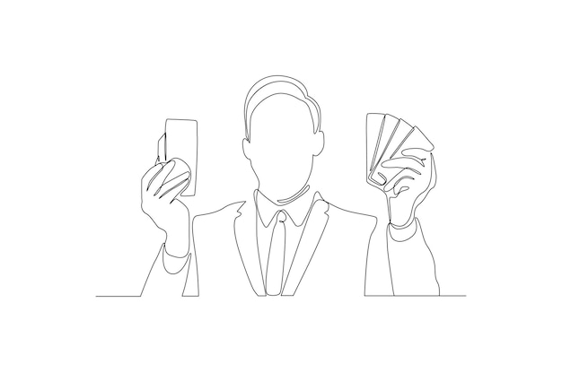 Continuous line drawing of a rich man holding money in hand vector illustration Premium vector