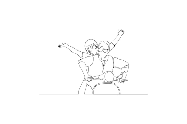 Continuous line drawing of a romantic couple man and woman are ride together vector illustration