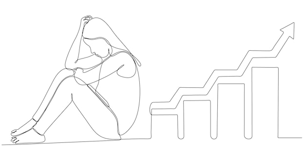 continuous line drawing sad woman and business chart