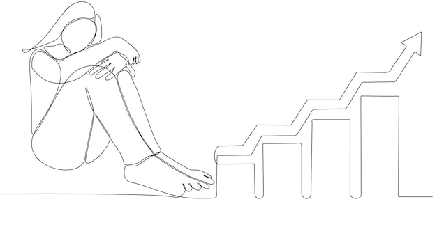 continuous line drawing sad woman and business chart