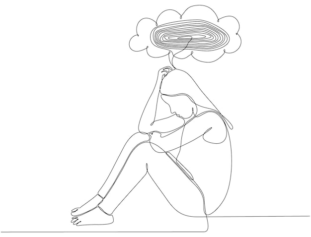 Continuous line drawing of sad young woman suffering from depression premium vector