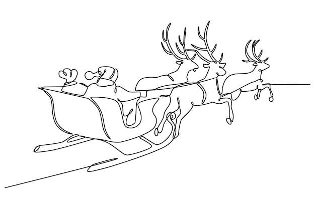 continuous line drawing Santas sitting on a sleigh with reindeer vector illustration