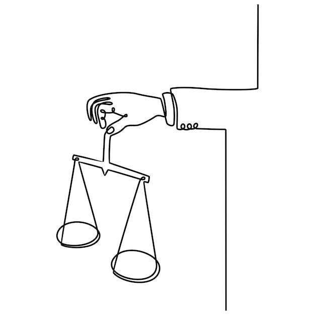 Vector continuous line drawing of the scales of justice in the hands of a judge