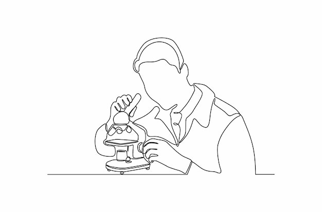 Continuous line drawing of scientist working with microscope vector illustration Premium vector