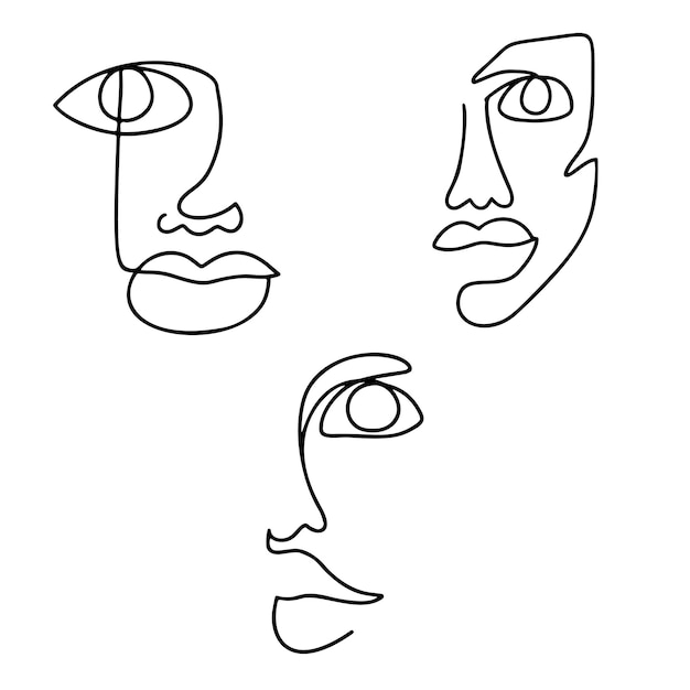 Continuous line drawing set. Abstract woman portrait. One line face art illustration.