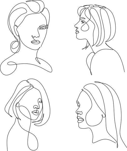 Vector continuous line drawing of set faces and hair style fashion concept woman beauty minimalist