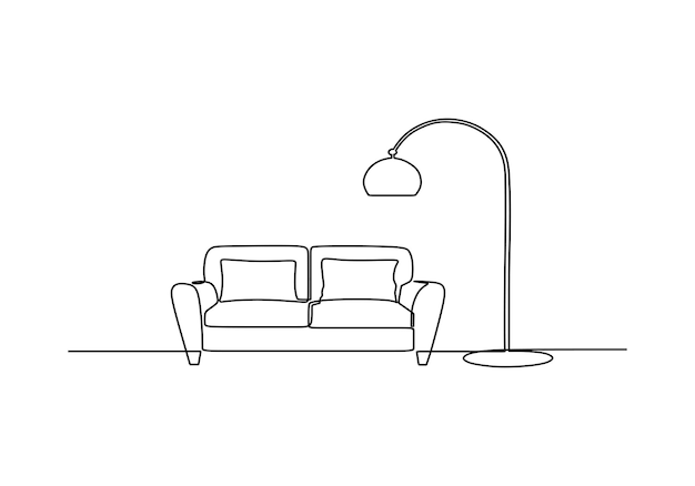 Continuous line drawing of sofa with variation lamp