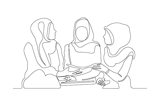 Continuous line drawing of some a muslim women discussing a job vector illustration Premium Vector