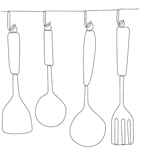 continuous line drawing spatula, pan kitchen logo symbol