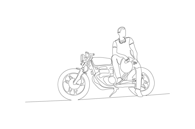 Continuous line drawing of a stylish man with his motorcycle vector illustration Premium vector