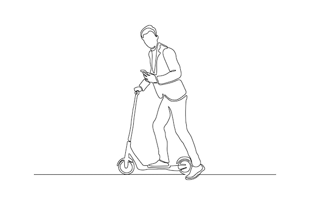 Continuous line drawing of a stylish man with his scooter vector illustration Premium Vector