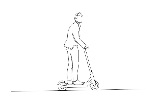 Continuous line drawing of a stylish man with his scooter vector illustration Premium Vector