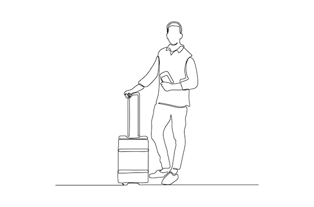 Continuous line drawing of a stylish man with suitcase vector illustration Premium Vector