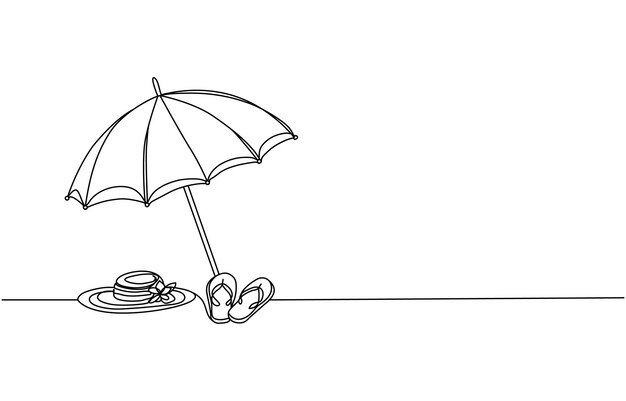 Vector continuous line drawing of summer vacation concept sandy beach beach umbrella cap sandle