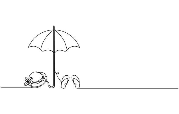 Vector continuous line drawing of summer vacation concept sandy beach beach umbrella cap sandle