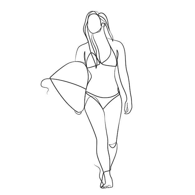 Continuous line drawing of a surfer girl with a surfboard One line drawing of a surfer girl