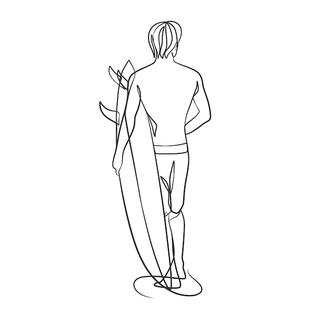 Continuous line drawing of a surfer with a surfboard One line drawing surfer with a surfboard