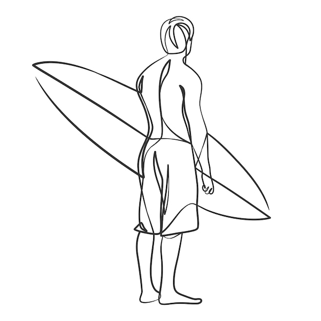 Continuous line drawing of a surfer with a surfboard One line drawing surfer with a surfboard