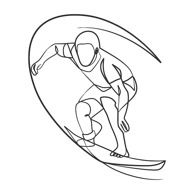 Continuous line drawing of a surfer with a surfboard One line drawing surfer with a surfboard