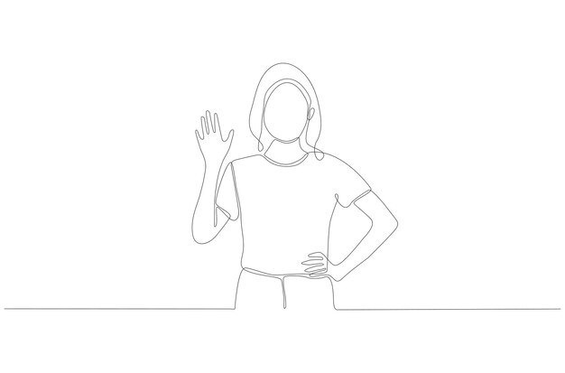 Continuous line drawing of sweet girl waving hands vector illustration Premium Vector