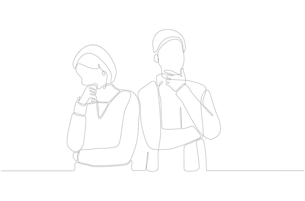 Continuous line drawing of thinking man and woman while holding chin vector Premium Vector