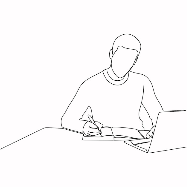 continuous line drawing of thoughtful businessman sitting at the office desk, writing