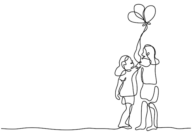 Continuous line drawing of two children playing balloon Happy cheerful two girls is holding a waving balloon in the wind isolated on white background with minimalism style Vector illustration