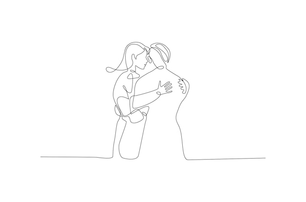 Continuous line drawing of two people hugging each other sweet couple hug each other Premium Vector