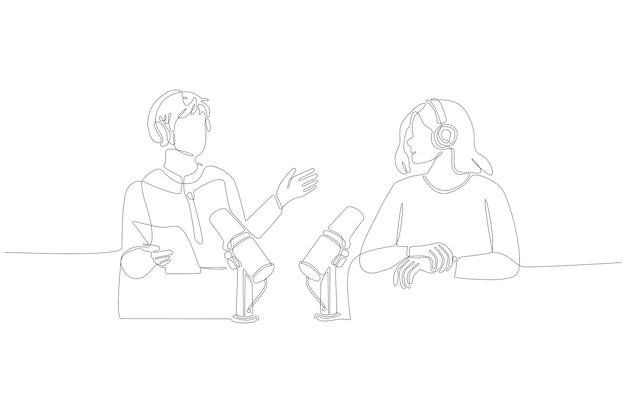 Continuous line drawing of two person on radio broadcast vector illustration Premium Vector