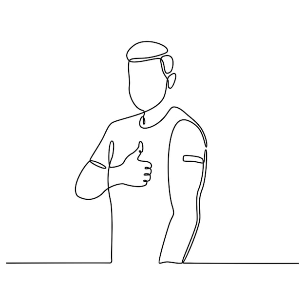 continuous line drawing of vaccinated man with medical tape on his arm showing thumbs up vector