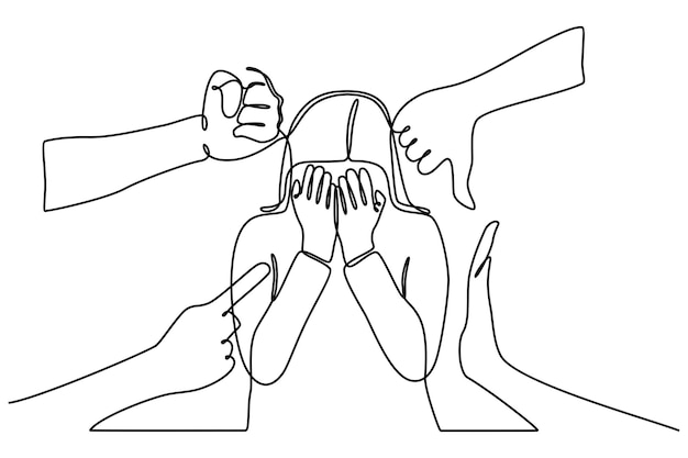 continuous line drawing of a woman covering her face surrounded by hands mocking her vector