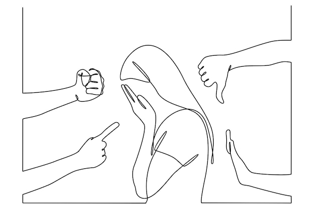 continuous line drawing of a woman covering her face surrounded by hands mocking her vector