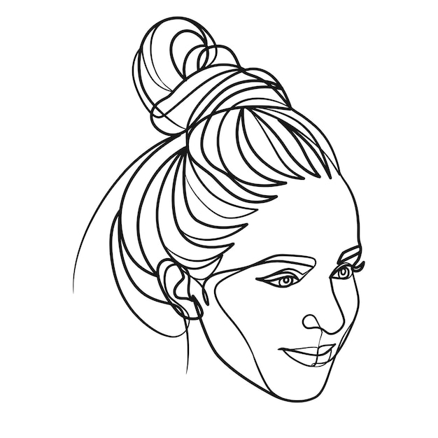 Continuous line drawing of woman face Cute female linear portrait One line woman portrait