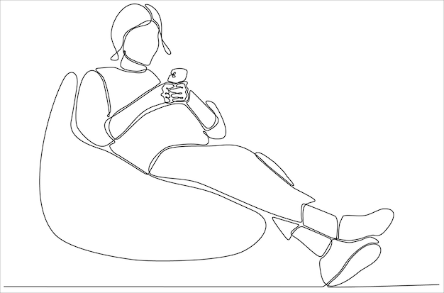 continuous line drawing of woman holding and looking at premium mobile phone vector