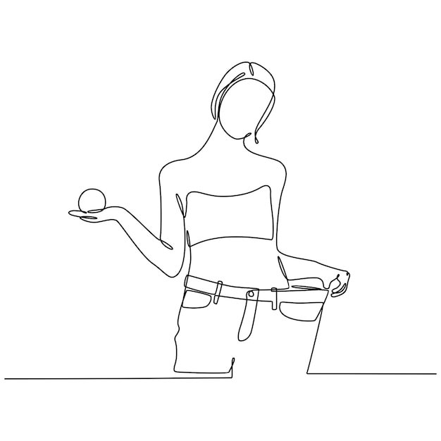 continuous line drawing of woman in jeans on a successful diet vector illustration