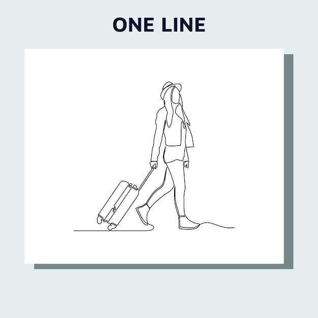 continuous line drawing of woman pulling suitcases on vacation trips.